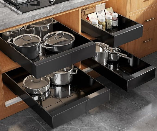 Seinloes 4 Pack Expandable (9"-14") Pull Out Cabinet Organizer 21" Deep With Raising Pad for Framed Cabinets,Upgrade 3 Slide Rails Slide Out Drawers,No Drill Roll Out Shelves Adhesive,Black by Seinloes