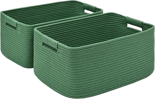 2 Pack Large Storage Basket for Organizing, 17.5"x13"x7" Woven Basket for Shelves, Closet Cube Storage Bins with Wrapped Handle, Cotton Rope Baskets for Kitchen, Clothes, Toys(Green) by Degeyoyo