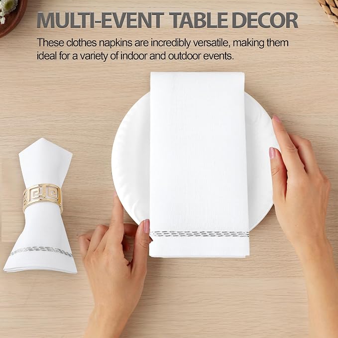 Majestic Giftware Polyester Napkins - NPK2-SL | Set of 12 (20" x 20") White Silver Trim Design Dinner Napkins Cloth | Linen Look Washable Cloth Napkins Set for Weddings, Banquets, or Restaurants - Image 2