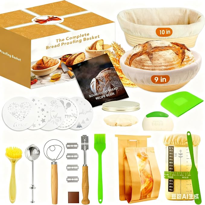 Sourdough starter kit with round and oval proofing baskets, bread sling, fermenter, dough mixer, scraper, mold, complete tool set and bag for complete sourdough bread baking supplies - Image 8