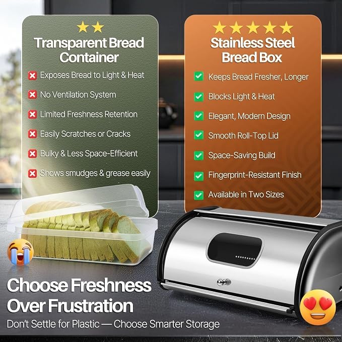 Flexzion Stainless Steel Bread Box for Kitchen Countertop, 13 Inch, Silver | Large Bread Storage Container with Roll-Top Lid, Front Window, Rear Vents, and Room for Bread, Bagels, Muffins, and Pastries - Image 6