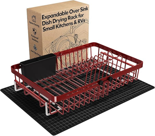 Red Dish Drying Rack Over The Sink with Utensil Holder, Mat | Expandable Stainless Steel Dish Drainer for Small Kitchen, Apartment, RV, Counter Space Saving, Perfect Fit, Rustproof by MAJALiS