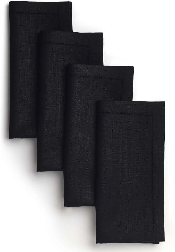 Signature Linen™ by D'Moksha Black Dinner Napkins Set of 4, 20 x 20 Inch Cloth Napkins, 100% Pure Linen, Hemstitch, Machine Washable Table Napkins- Summer, Weddings, Outdoor hostings by DMokshaHomes