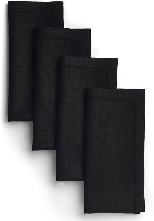Signature Linen™ by D'Moksha Black Dinner Napkins Set of 4, 20 x 20 Inch Cloth Napkins, 100% Pure Linen, Hemstitch, Machine Washable Table Napkins- Summer, Weddings, Outdoor hostings by DMokshaHomes