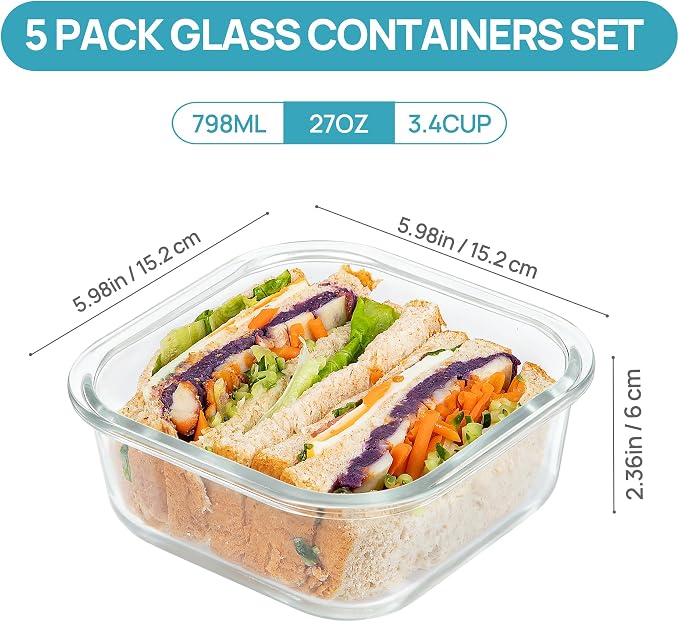 Vtopmart 5Pack 27oz Glass Food Storage Containers with Lids, Grey | Glass Meal Prep Container Sets, Sandwich Containers, Snap Airtight Lid For Microwave, Oven, Freezer and Dishwasher, BPA Free - Image 2