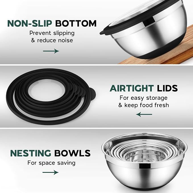 Onader Mixing Bowls with Lids Set of 6 for Kitchen, Stainless Steel Metal Nesting Bowls with Non-Slip Bottom Black - Size 1, 1.5, 2, 2.6, 3.5, 7QT - Image 4