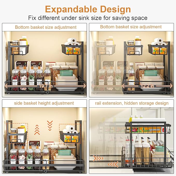Under Sink Organizer, 1 Pack 2-Tier Expandable Pull Out Storage with Ball-Bearing Slides, Height Adjustable for Kitchen Bathroom Cabinet, Black - Image 5