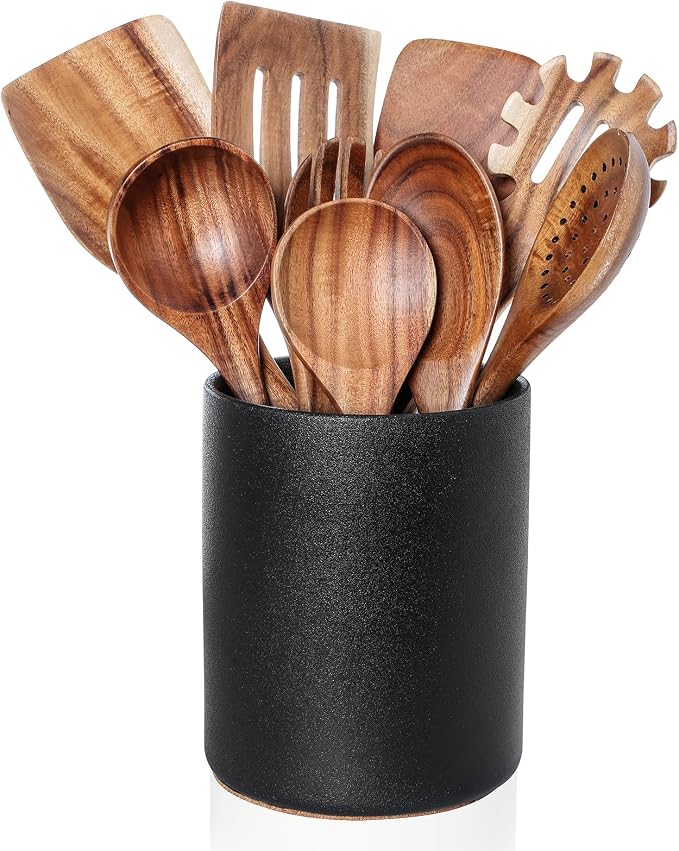Wooden Cooking Utensils Set with Ceramic Holder,Teak Wood 10pcs Utensils | Holder for Countertop with Protection Cork Bottom,Nonstick Spoons, Spatula Set,Kitchen Decor, (Stone Black) by Nucookery