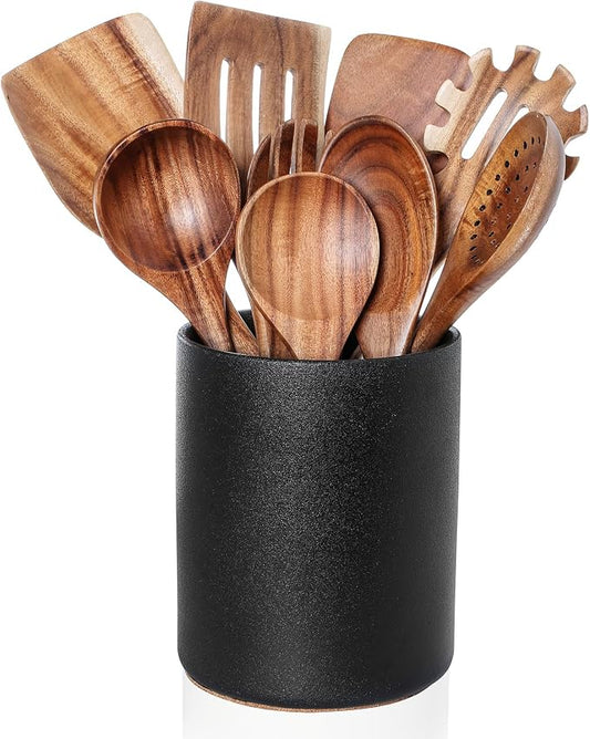 Wooden Cooking Utensils Set with Ceramic Holder,Teak Wood 10pcs Utensils | Holder for Countertop with Protection Cork Bottom,Nonstick Spoons, Spatula Set,Kitchen Decor, (Stone Black) by Nucookery