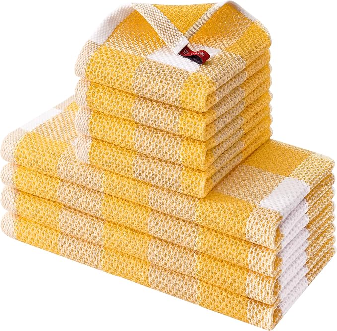 Homaxy Kitchen Towels and Dishcloths Set, Set of 8, White & Golden Yellow | Bulk Cotton Waffle Weave Check Plaid Kitchen Towels, Super Soft and Absorbent Dish Cloths, 12 x 12 and 13 x 28 Inches by Homaxy