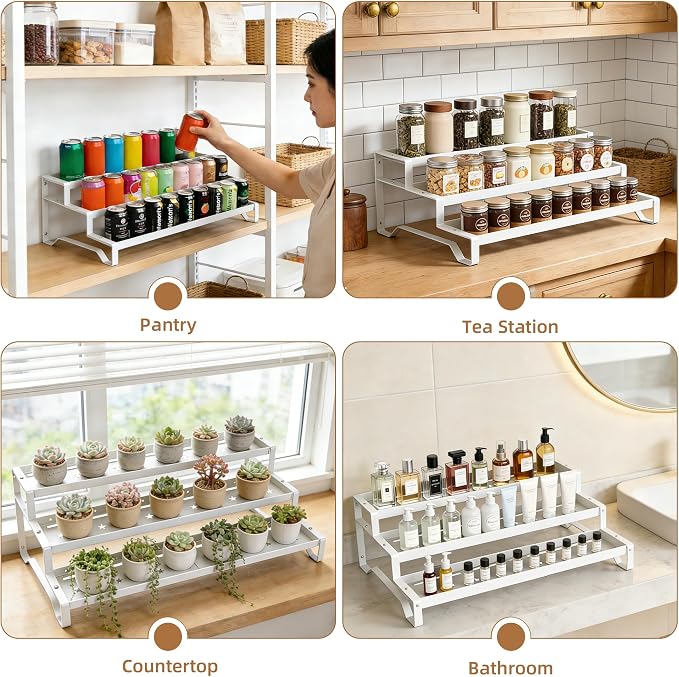 Expandable Spice Rack Organizer for Cabinet 3 Tier Spicy Shelf White 1Pack | Adjustable Length 13"-21", Metal Seasoning Organization, Slip-Resistant Guardrails for Jars, Cabinet & Countertop Storage - Image 4