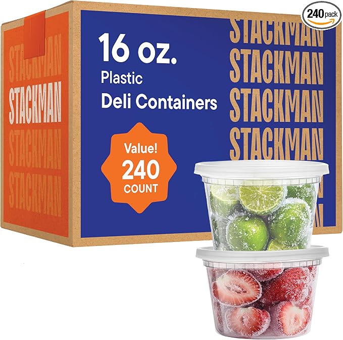 Stack Man [240 Sets - 16 oz.] Clear Plastic Deli Food Storage Containers with Airtight Lids - Soup Containers - Bulk Pack - 240/Case Brand by StackMan