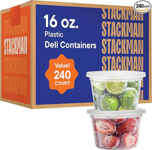 Stack Man [240 Sets - 16 oz.] Clear Plastic Deli Food Storage Containers with Airtight Lids - Soup Containers - Bulk Pack - 240/Case Brand by StackMan