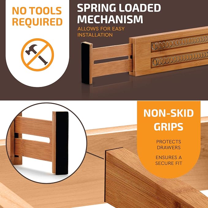 Adjustable Bamboo Drawer Divider Organizers - Fits Large Drawers Sized 17.5" Upto 22"- Expandable Kitchen Drawer Organizer Separators for Utensils, Dresser, Clothes, Bedroom, Bathroom 2-Pack, Natural - Image 5