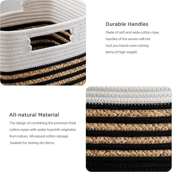 UBBCARE Set of 4 Storage Cubes 13 X 13 X 13 in, Water Hyacinth Storage Bins for Shelves, Toys, Book, Storage Baskets with Handles, Cotton Rope Woven Baskets for Organizing, Black - Image 3