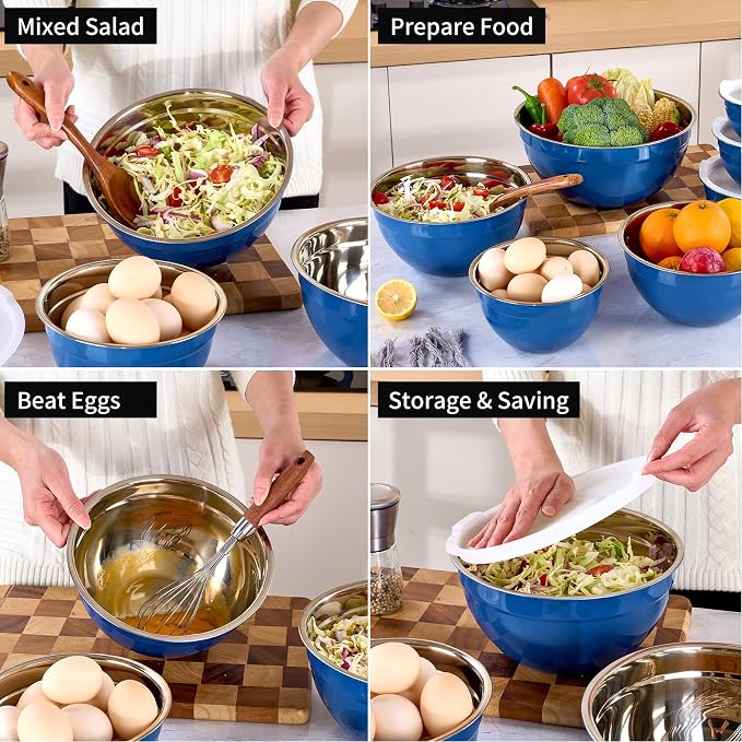 Blue Mixing Bowls with Lids Set of 7, Stainless Steel Nesting Bowl with Khaki Lid for Non-slip Mixing Prepping Storing Serving, 7 Sizes-7/3.6/2.7/2.1/1.5/1/0.8 QT - Image 5