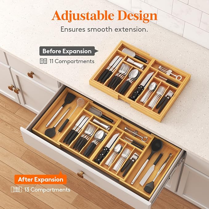 Lifewit Large Silverware Drawer Organizer, Bamboo Utensil Tray for Kitchen | Expandable 21.4 to 36 Inches Wide, Adjustable Flatware and Cutlery Holder for Spoons Forks Knives, 13 Compartments, Natural - Image 3