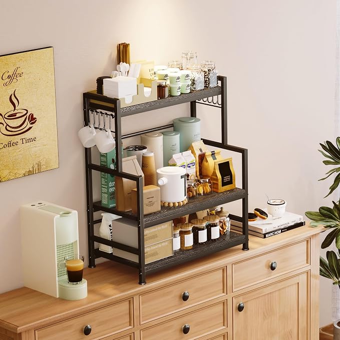 23.6"W Large Kitchen Countertop Organizer, 3 Tier Spice Rack Organizer with Adjustable Shelf and 10 Hooks, Wooden Counter Organizer, Countertop Shelf Microwave Stand for Kitchen, Coffee Bar, Black - Image 4