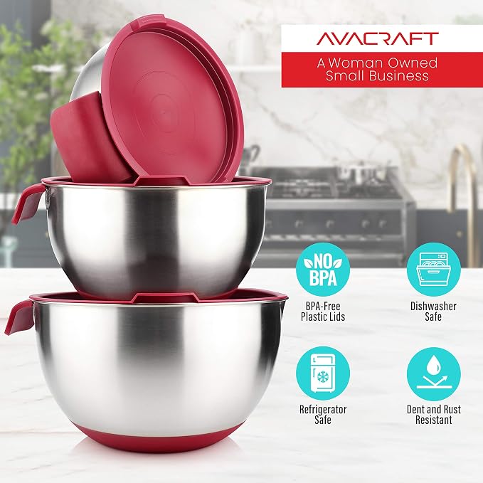 AVACRAFT 18/10 Stainless Steel Mixing Bowls with Lids, non slip silicone base bowls with Handle, Mixing Bowl Set with Pour Spouts & Measurement Marks, Home Essentials Cooking Bowls, (Red) - Image 6