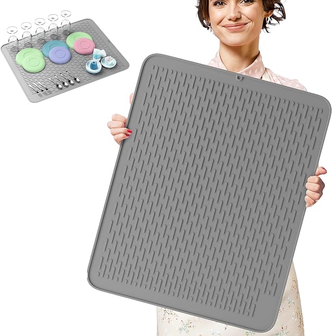 Monster Mat Extra Large Silicone Dish Drying Mat (30"x24") – Heavy Duty & Fast-Drying Silicone Mat - Non-Slip XL Dish Drying Mat For Kitchen Counter - Gray by HIGHERHUMAN