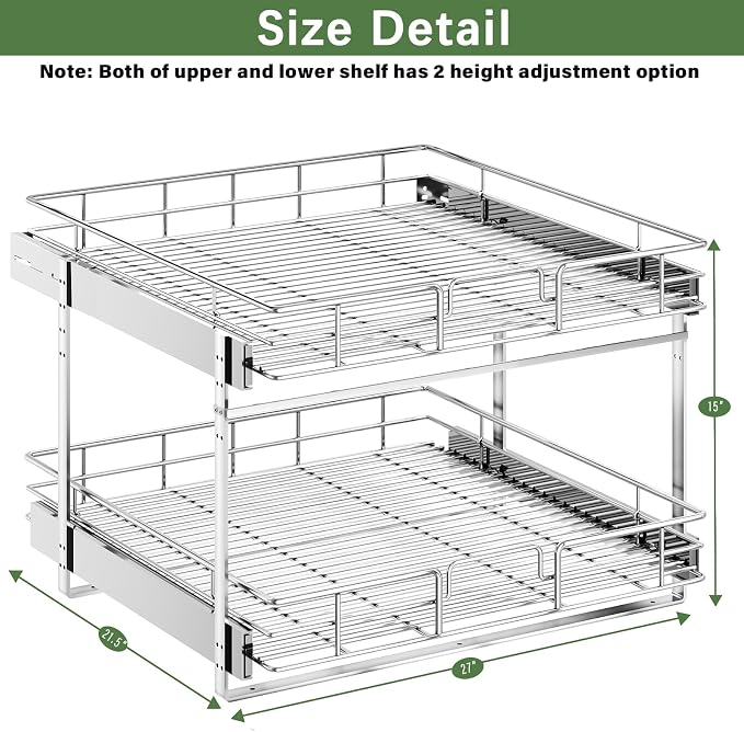 LOVMOR 2 Tier Individual Pull Out Cabinet Organizer 27" W x 21½" D, Slide Out Kitchen Cabinet Storage Sliding Shelves - Image 3