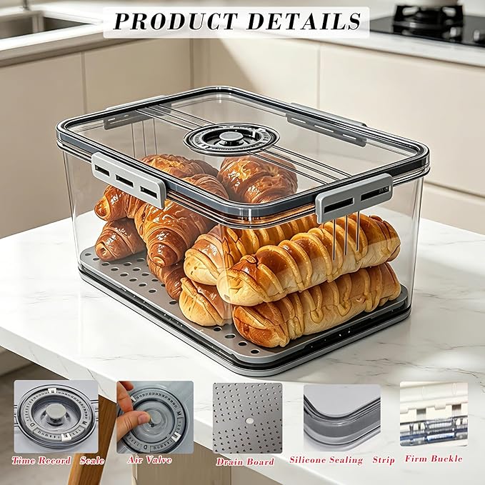 Bread Box Bread Boxes with Lid for Kitchen Counter, Airtight Loaf Bread Storage Container,Large Time Recording Bread Keeper for Homemade Bread, Toast, Bagel, Donut and Cookies ,Not dishwasher safe - Image 4