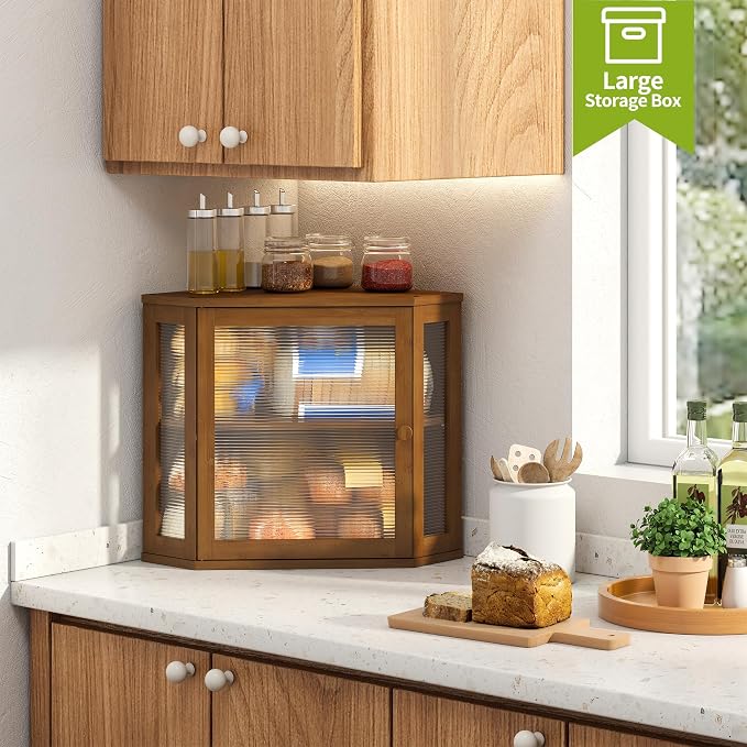 BMOSU Corner Bread Box for Kitchen Countertop Double Layer Bamboo Wooden Bread box Large Capacity Bread Storage Bin(Brown, Medium) - Image 4