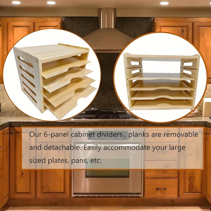 6 Tier Wood Cabinet Vertical Tray Dividers, 16.73in x14.13in x12.4in | Wooden Organizer For Sheets, for Cookie Sheet, Baking Trays, Cutting Board, Pans, for Organizing Cabinets, 5Y Warranty - Image 4
