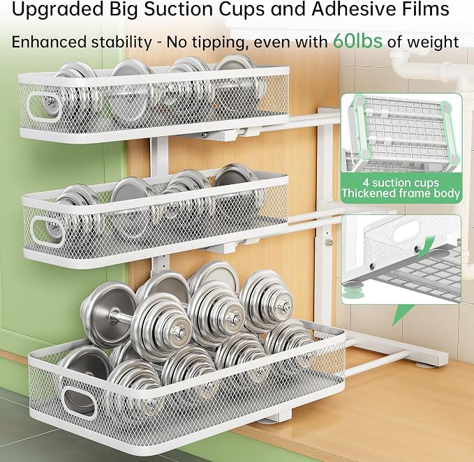 3 Tire Under Sink Organizer, Pulling Out Drawers, Heavy Duty (2, White) | 35% More Capacity, Rust Proof, Easy Installation - Image 7
