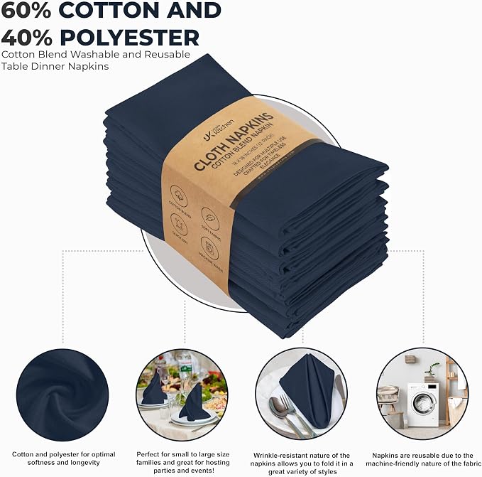 Utopia Kitchen Cotton Blend Navy Blue Cloth Napkins [12 Pack, 18x18 Inch] | Absorbent Washable and Reusable for Dinner, Restaurant, Lunch, Wedding and Hotel - Image 3