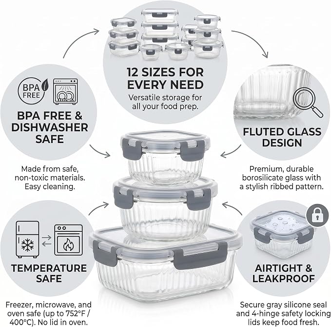 Glass Food Storage Containers with Lids, 12 Piece Glass Meal Prep Containers Set, Airtight Leakproof Snap Lock Lids, BPA-Free, Freezer Microwave Oven Dishwasher Safe, Ribbed Glass Containers - Image 2
