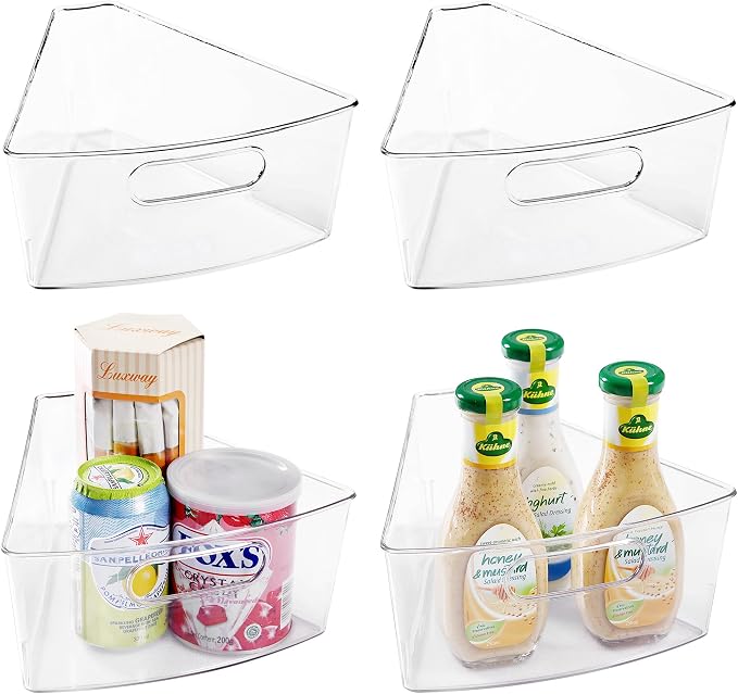 Oubonun Lazy Susan Organizers Set of 4, 10.2”x 9.4”x 4” Plastic Transparent Kitchen Cabinet Storage Bins with Handle, 4" Deep Container, 1/8 Wedge - Food Safe, without BPA by Oubonun