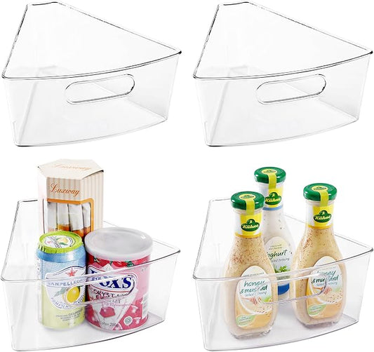 Oubonun Lazy Susan Organizers Set of 4, 10.2”x 9.4”x 4” Plastic Transparent Kitchen Cabinet Storage Bins with Handle, 4" Deep Container, 1/8 Wedge - Food Safe, without BPA by Oubonun