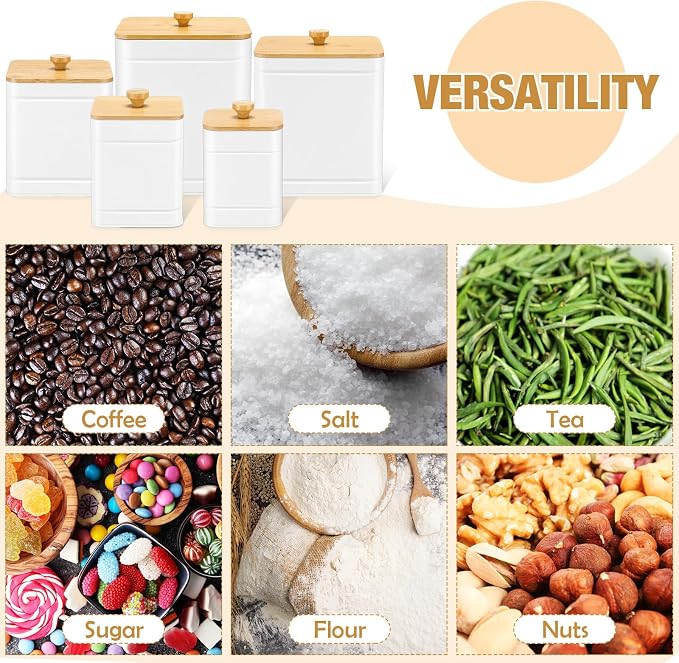 5 Pcs White Kitchen Canisters for Countertop with Labels Airtight Metal Containers Coffee Tea Sugar Flour Jars with Spoon Farmhouse Big Food Storage Set for Kitchen - Image 4