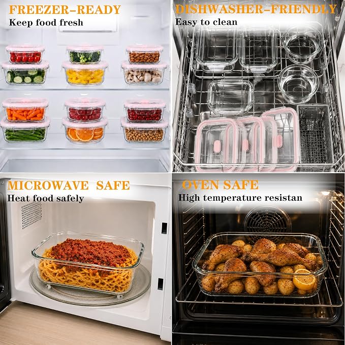 24-Piece Glass Food Storage Containers Set with Airtight lid, Glass Meal Prep Containers, Easy Stack Containers, Durable Glass Container-From Fridge directly to Oven and Dishwasher Safe (Pink) - Image 6
