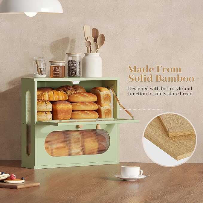 Corner Bread Box for Kitchen Countertop, 2026 New Double Layer Bamboo Bread Storage Bin, Large Bread Container for homemade bread (Green) - Image 6