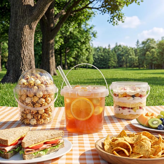 50 Pcs Bucket Cups Bulk Reusable Plastic Drink Buckets with Lids Dome Forks and Straws 32 oz Ice Cream Freezer Food Storage Containers for Popcorn Pail Outdoor Travel Beverage Party Picnic - Image 5