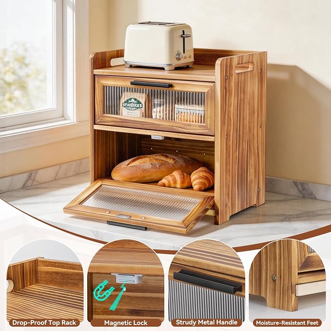 Bread Box for Kitchen Countertop, Large Wooden Breadbox with Cutting Board | Double Layer Bread Storage Container for Homemade Bread with Handles, Acrylic Window and Air Vents Keep Bread Fresh (Brown) - Image 4