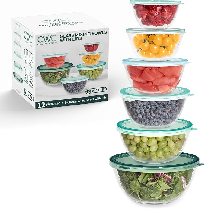 COOK WITH COLOR 12 Pc Glass Mixing Bowl Set with Lids – Borosilicate Glass Nesting Bowls for Cooking, Baking and Meal Prep, Sage by CookwithColor