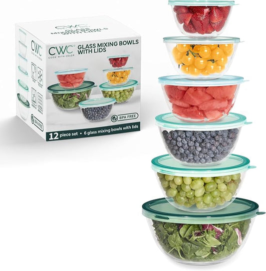 COOK WITH COLOR 12 Pc Glass Mixing Bowl Set with Lids – Borosilicate Glass Nesting Bowls for Cooking, Baking and Meal Prep, Sage by CookwithColor