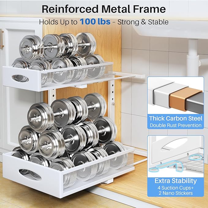 Under Sink Organizer, 2 Pack 2 Tier Pull Out Under Cabinet Organizer Shelf with Pad for Framed Cabinets, Metal Slide Out Under Sink Storage, Mesh Sliding Drawers for Kitchen Bathroom Laundry, White - Image 7