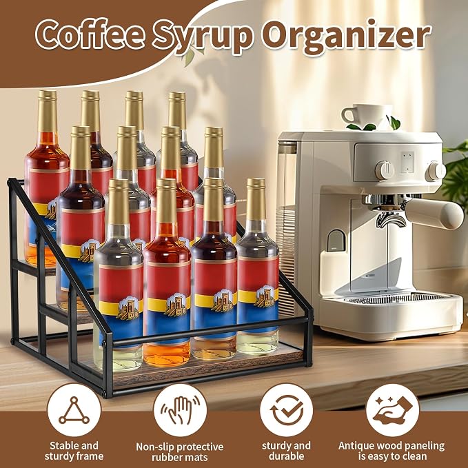 YQBRAO 3-Tier Coffee Syrup Organizer, 12-Bottle Rack, Rustic Brown | Holds up to 12 bottles with stepped visibility and a compact footprint for coffee bars, kitchens, and syrup stations. - Image 2