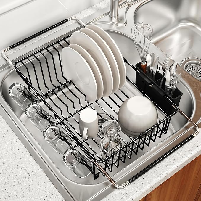 Dish Drying Rack Over The Sink with Utensil Holder | Expandable Stainless Steel Dish Drainer for Small Kitchen, Apartment, RV, Counter Space Saving, Perfect Fit, Rustproof by MAJALiS