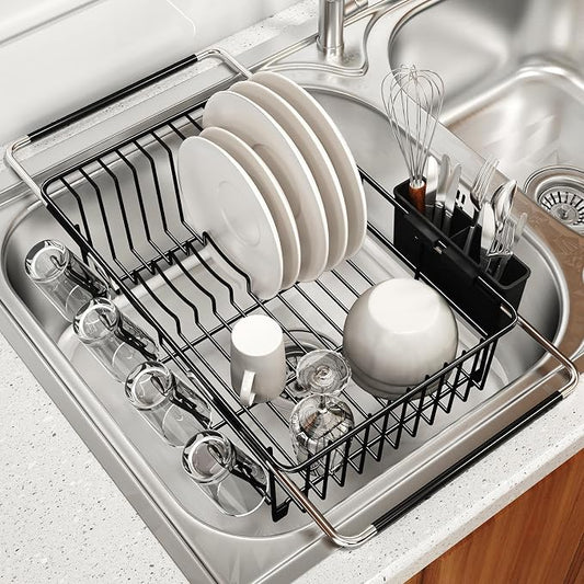 Dish Drying Rack Over The Sink with Utensil Holder | Expandable Stainless Steel Dish Drainer for Small Kitchen, Apartment, RV, Counter Space Saving, Perfect Fit, Rustproof by MAJALiS