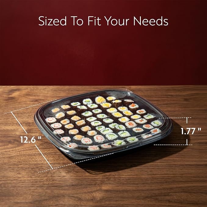 Restaurantware Plastic Sushi Trays 100 Pack of 12.6 x 12.6 x 1.77 Inch With Clear Lids Leak-Resistant Sushi Take Out Boxes Stackable Containers For Grab-And-Go - Image 2