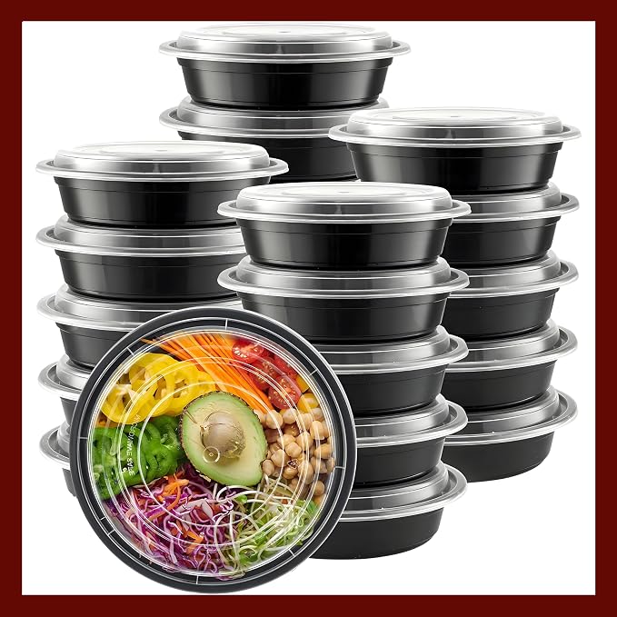 Meal Prep Containers Round [30 Set] x [24 oz] with Lids, 1 compartment, Stackable, Reusable, Leakproof, Food Safe, Microwave, Freezer & Dishwasher Safe for Food Prep Storage (30 Set, 24 oz) by Pokanic%C2%AE
