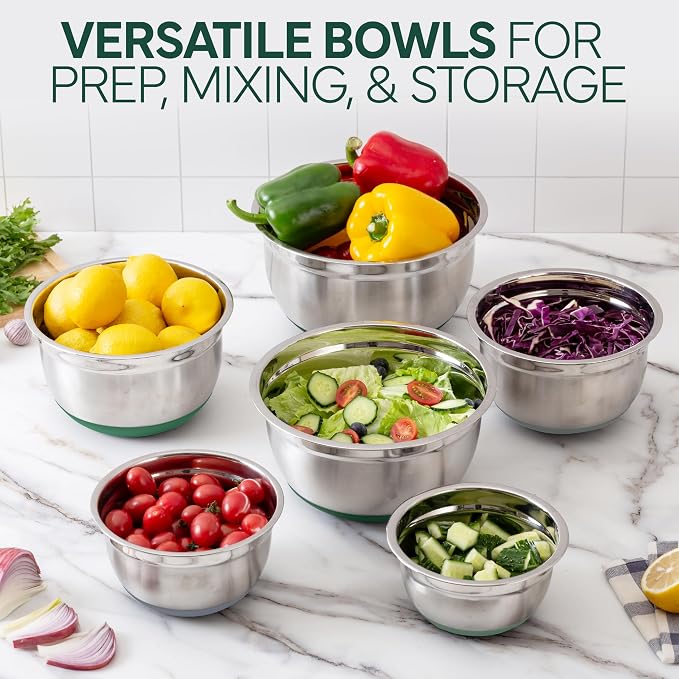 COOK WITH COLOR Stainless Steel Mixing Bowls Set with Lids - Nesting Bowls with Non-Slip Bottom, Sage, 12 Pieces - Image 4