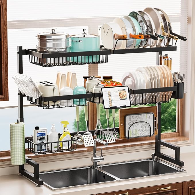 ADBIU Over Sink Dish Drying Rack (Expandable Height/Length) Snap-On Design Large Dish Drainer Storage Counter Organizer 32-40L x 12W x 34-38H (inches) by ADBIU