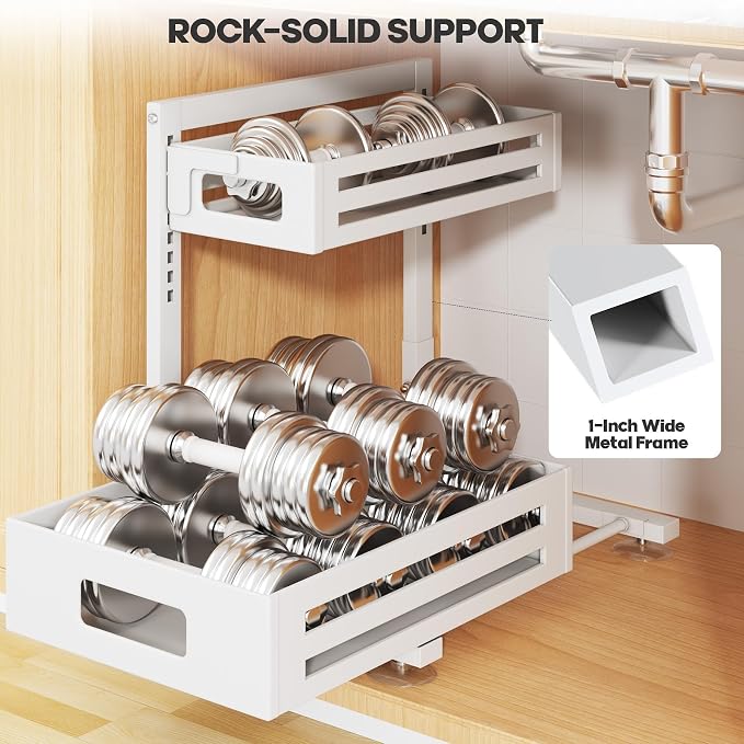 1 Pack Under Sink Organizer,Pull Out Cabinet Organizer With Smooth Cylindrical Rail,Metal Slide Out Drawer for Kitchen Bathroom Laundry Cabinet,8-Level Tool Free Height Adjustable-White - Image 5