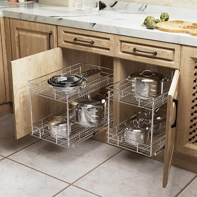 ROOMTEC New Version Pull Out Cabinet Organizer for Base Cabinet (14" W X 21" D), Kitchen Cabinet Organizer and Storage 2-Tier Cabinet Pull Out Shelves Under Cabinet Storage for Kitchen Silver,Chrome - Image 2